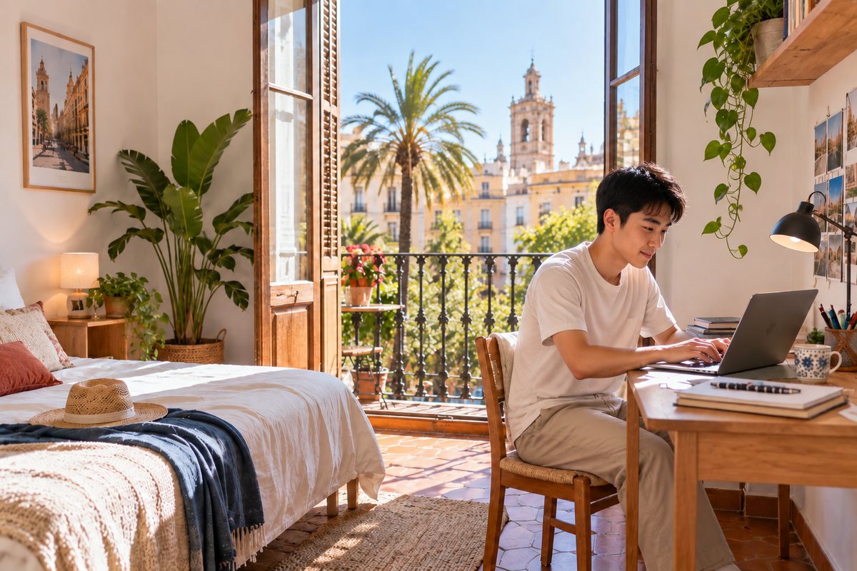 A bright Valencian apartment with a desk by the balcony
