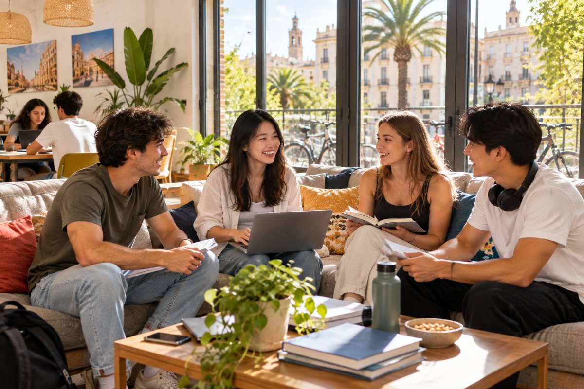 Students studying and chatting in a bright residence common room